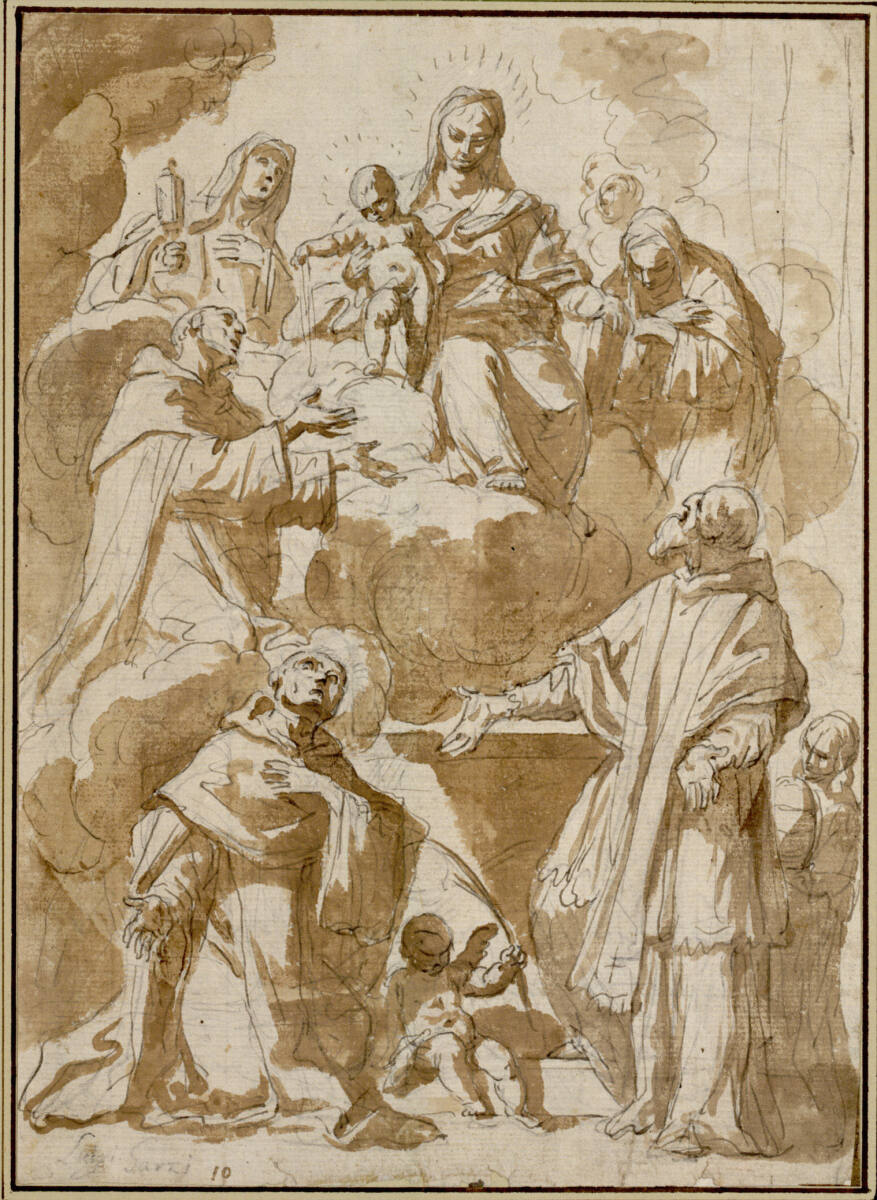 Madonna auf Wolken zwischen der heiligen Klara und einer zweiten Heiligen; das Jesuskind reicht dem heiligen Dominikus einen Rosenkranz; links kniender Märtyrer; rechts stehender Papst und Page mit der Tiara, Luigi Garzi
