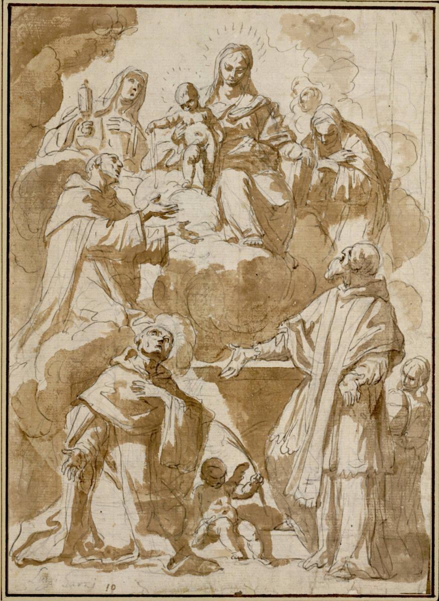 Luigi Garzi, Madonna auf Wolken zwischen der heiligen Klara und einer zweiten Heiligen; das Jes…