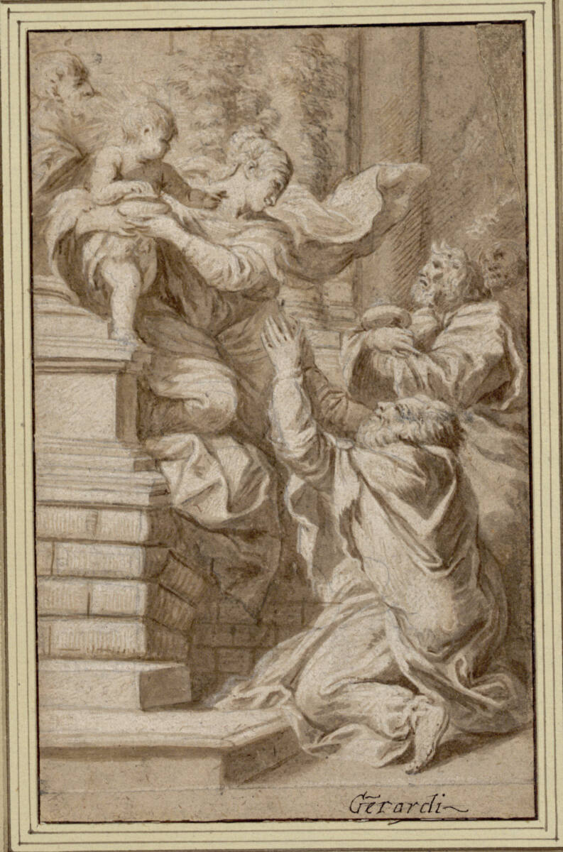 Anbetung der Könige. (Das Kind steht, von Maria gehalten, auf einem Gesimse vor einer Säulenarchitektur), Filippo Gherardi
