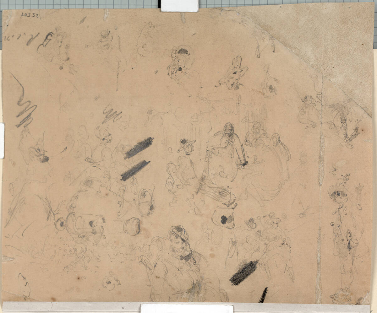 Skizzenblatt: Soldatenköpfe etc., Carl Schindler, 1838–1842