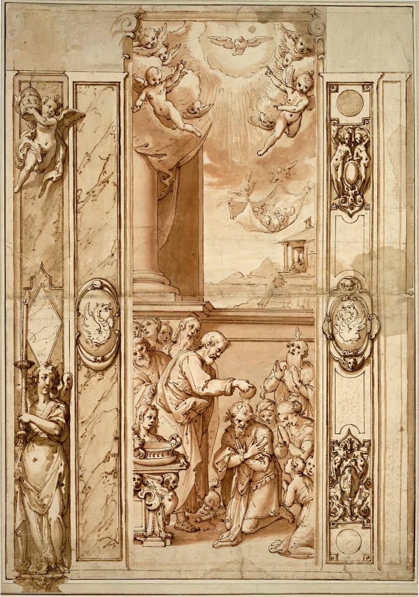 Federico Zuccari, Wanddekoration mit der Taufe des Hauptmanns Cornelius; darüber die Vision von…