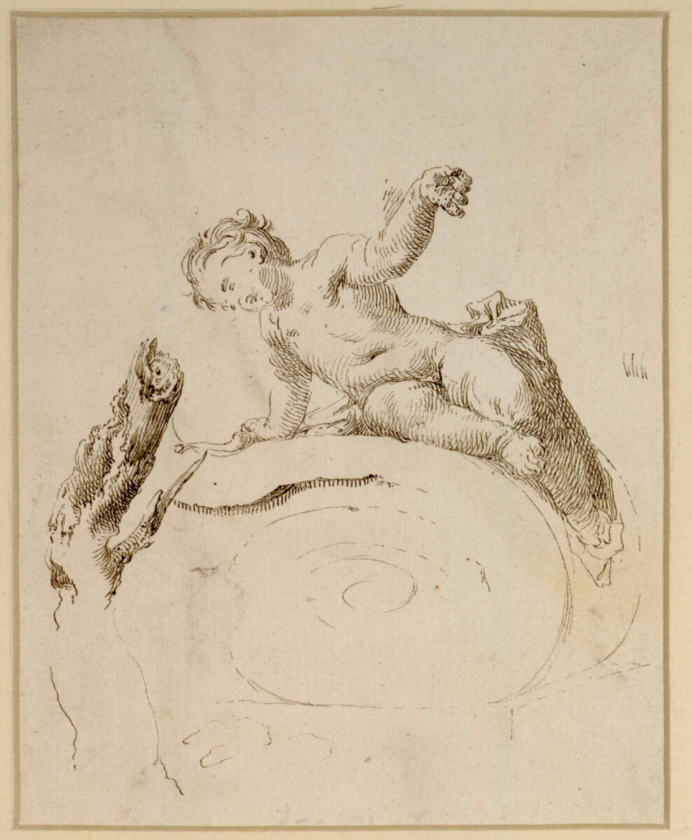 Putto auf Volute kauernd