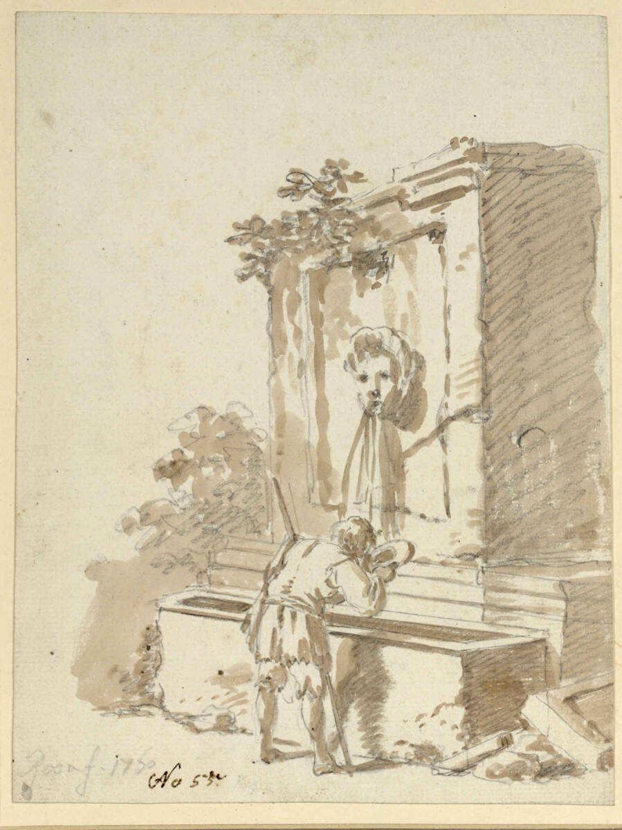 Durstiger Wanderer am Brunnen, Joseph Rosa, 1760