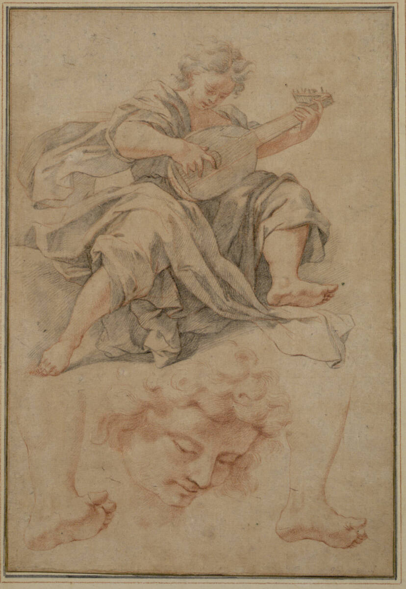 Studienblatt. (Ein die Laute spielender Engel; Studie für dessen Kopf; zweimal sein linkes Bein), Giuseppe Bartolomeo Chiari
