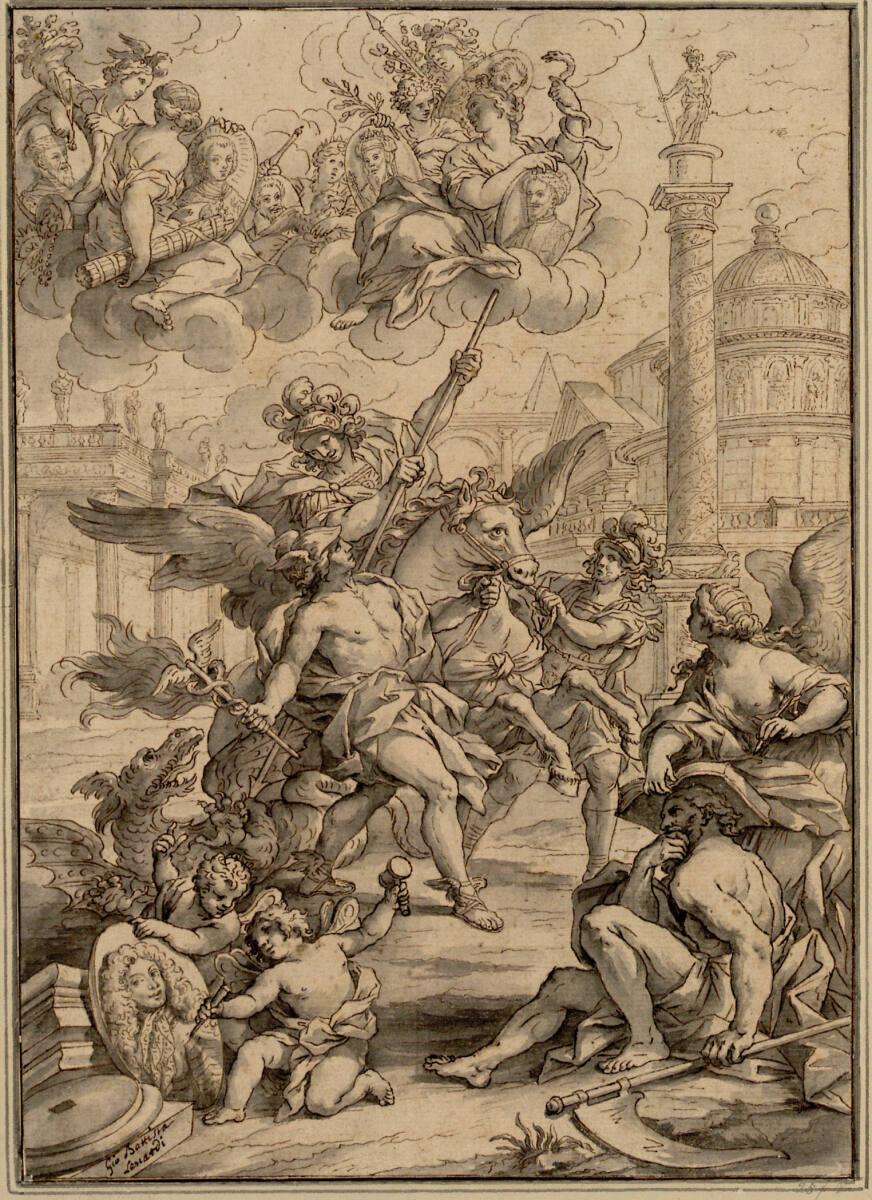 Giovanni Battista Lenardi, Allegorie. (Ein Jüngling in antiker Rüstung sprengt auf einem Flügel…