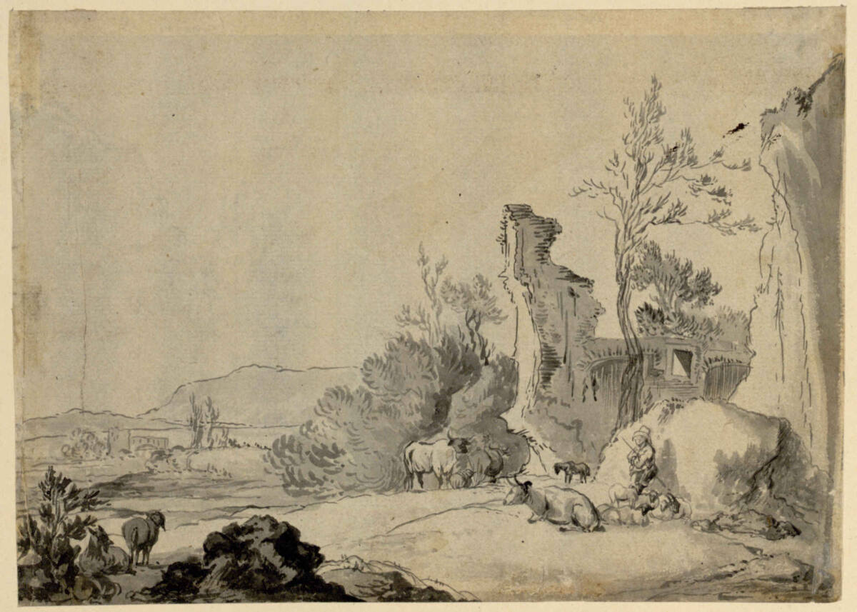 Hirte mit seiner Herde vor einer Ruine
