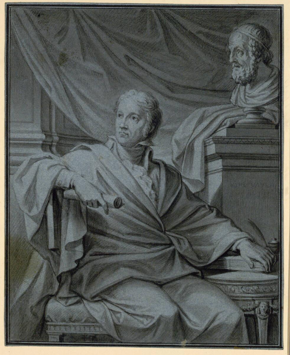 Heinrich Friedrich Füger, Bildnis eines bartlosen Mannes, der in einem Lehnstuhl sitzt und mit …