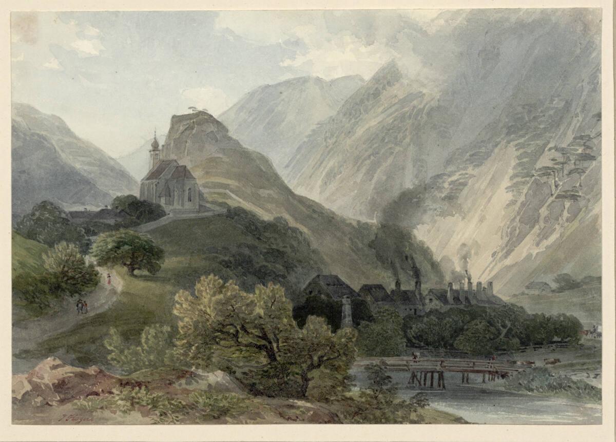 Joseph Höger, Kleine Kirche vor oberhalb eines Ortes mit Eisenwerken in einem Gebirgstal, Inv. …