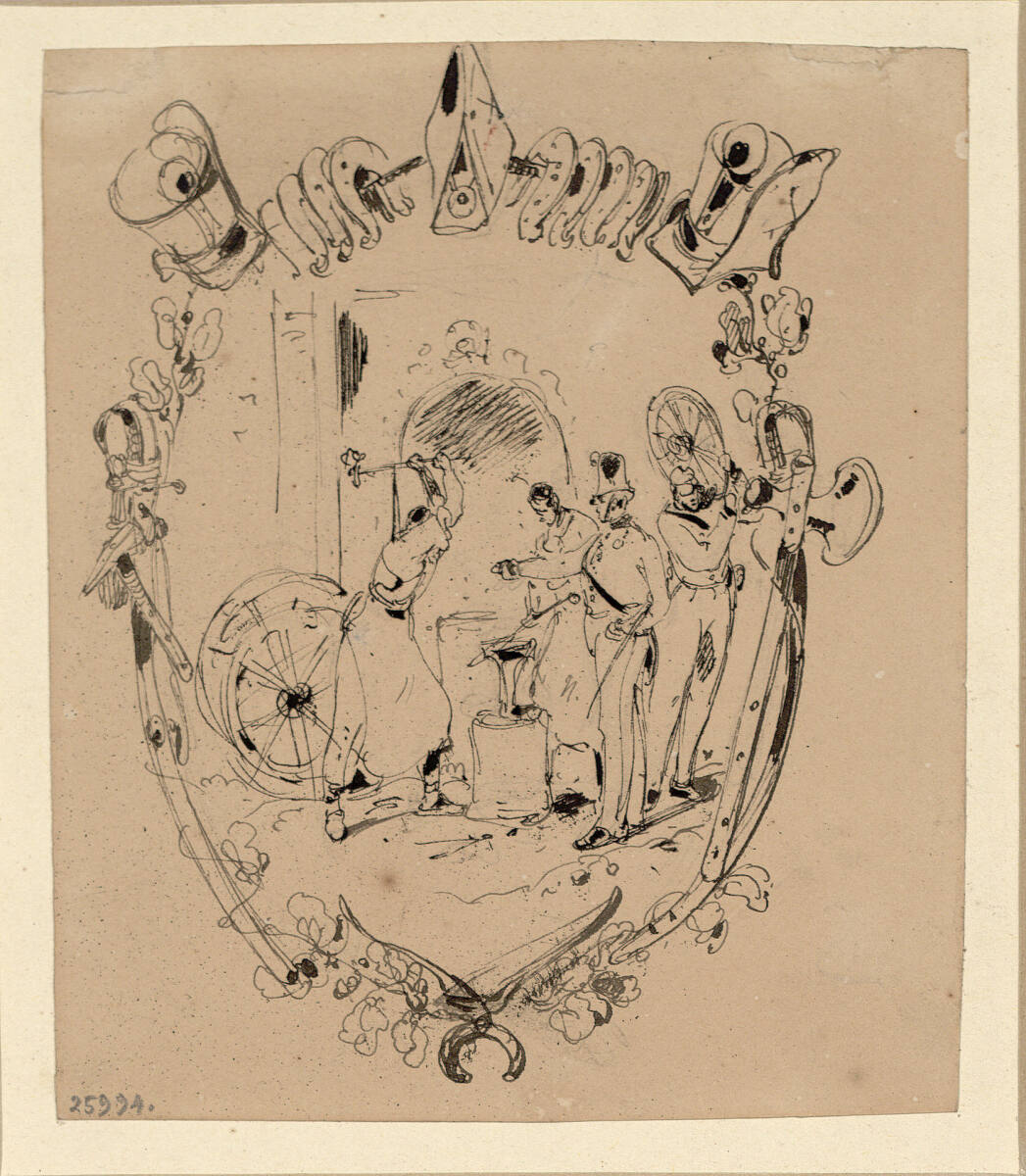 Buchvignette mit militärischer Darstellung (Professionisten des Fuhrwerkcorps), Carl Schindler, 1838–1842