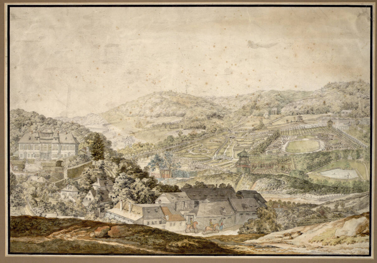 Das fürstlich Schwarzenbergsche Lustschloss Neuwaldegg (bei Wien) mit Wirtschaftsgebäuden und Parkanlage, Jacob Matthias Schmutzer, 1786