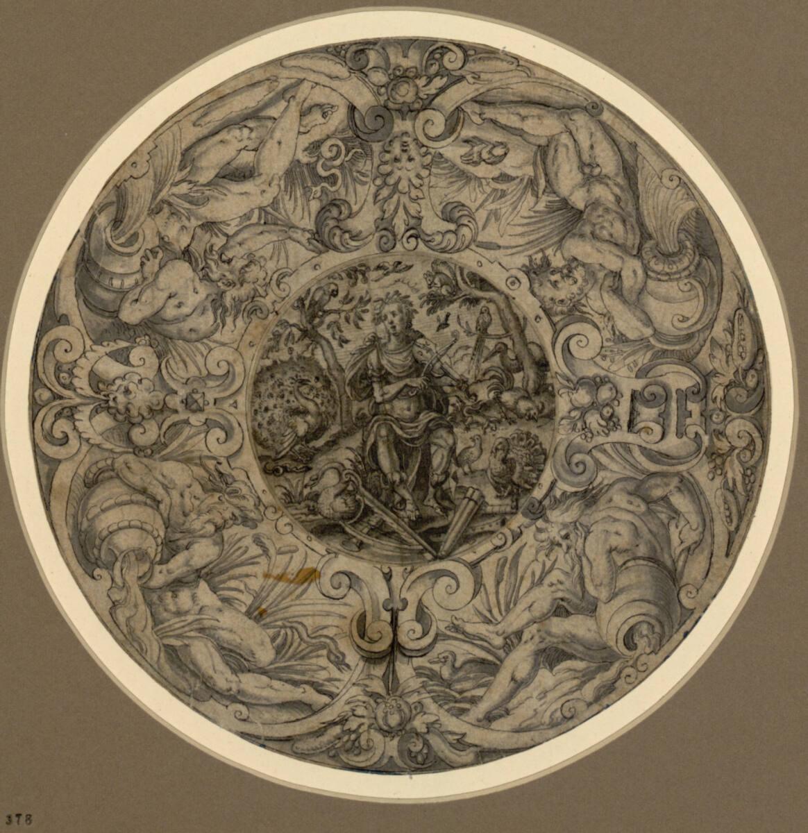 Jost Amman, Orpheus bezaubert die Tiere (Entwurf für eine Goldschmiedearbeit?), Inv. Nr.: 26054