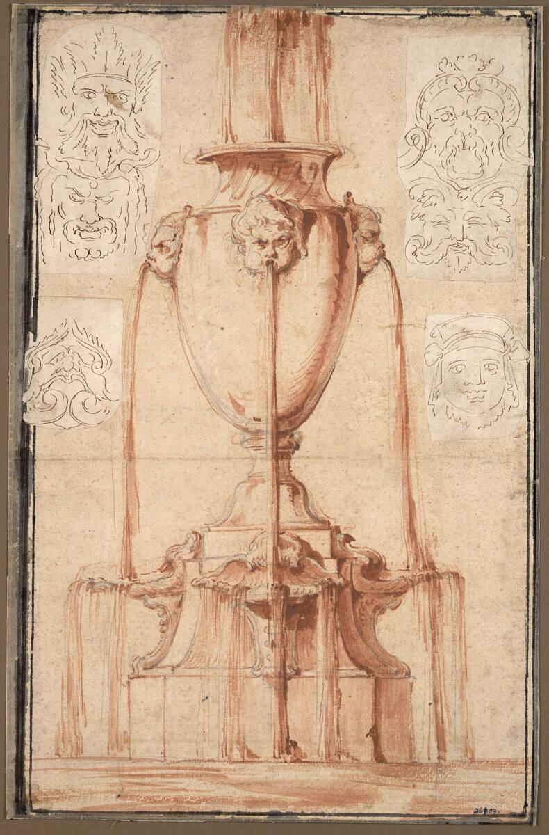 Gilles Marie Oppenord, Brunnenentwurf mit Skizzen zu Maskenmedaillons, Inv. Nr.: 26457r