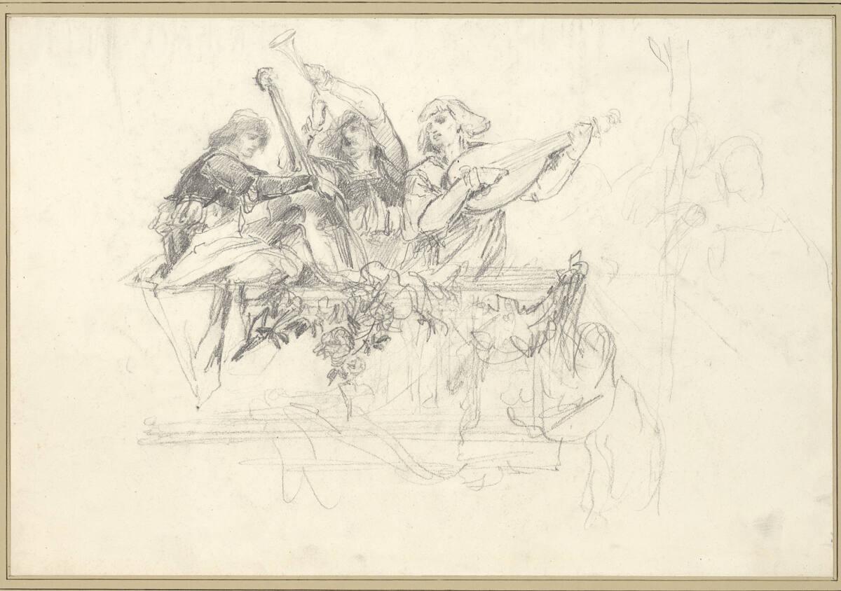 Hans Makart, Drei Musikanten auf einer Balustrade. (Vorzeichnung für die Gruppe im Gemälde "Die…