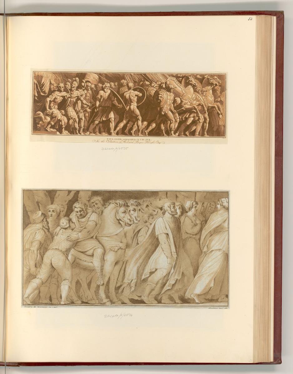 Polidoro Caldara detto da Caravaggio, Auszug von Kriegern zum Kampf, links ein thronender Herrs…