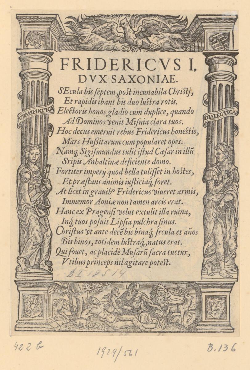 Lucas Cranach d. J., Text zum Bildnis von Friedrich I., Kurfürst von Sachsen, Inv. Nr.: DG1929/…