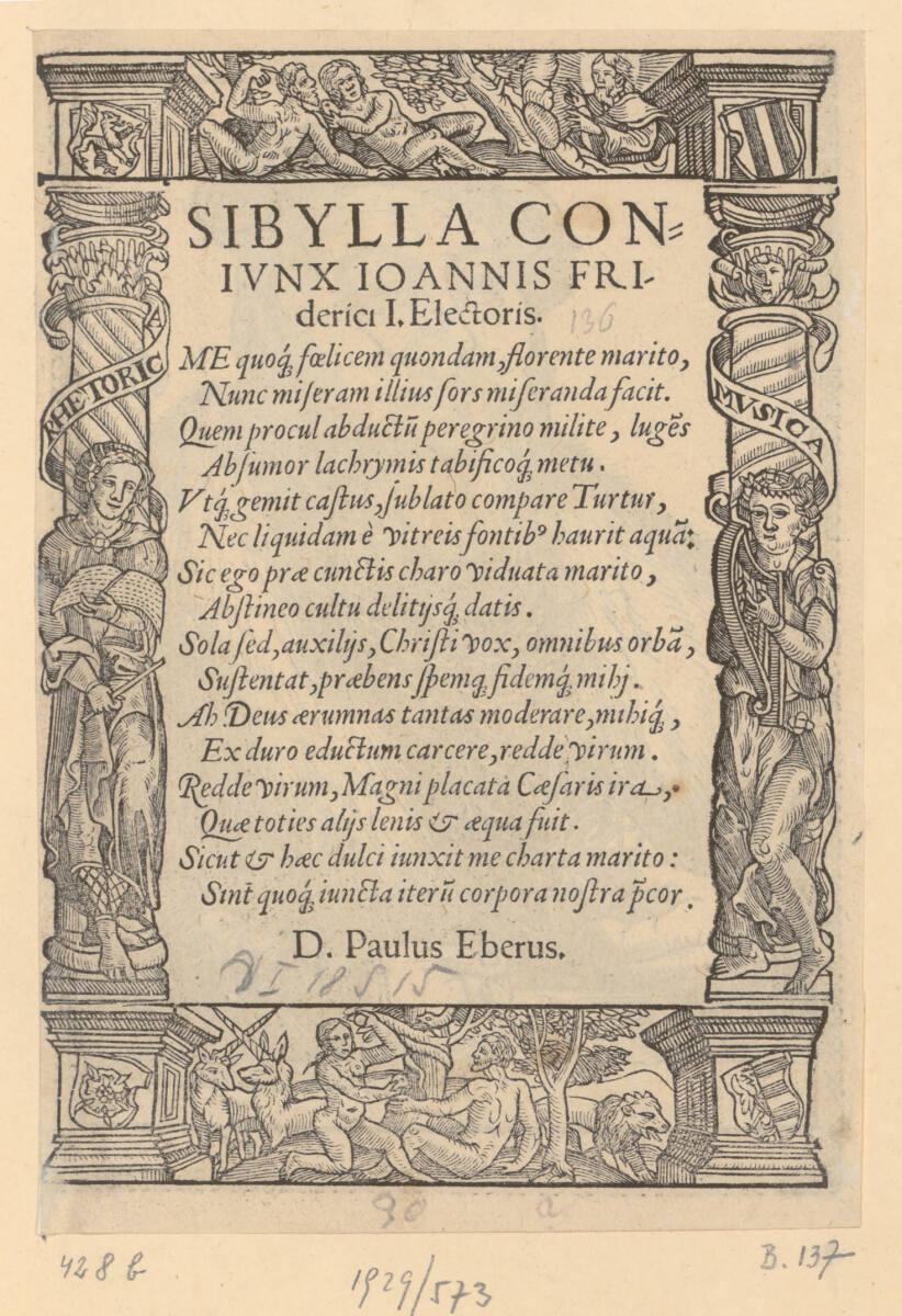 Lucas Cranach d. J., Text zum Bildnis von Sibylla, Kurfürstin von Sachsen, Gemahlin von Kurfürs…