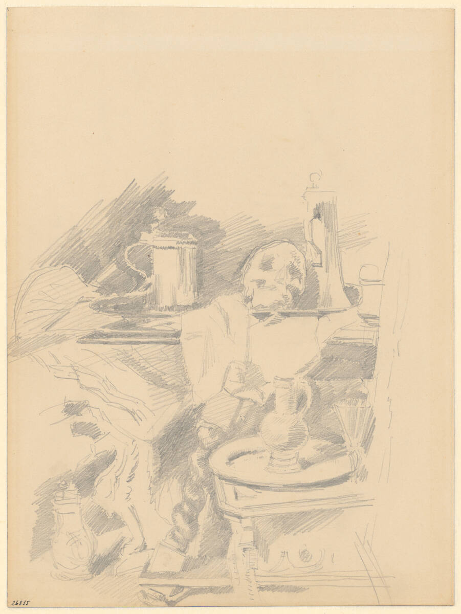 Tisch mit Totenkopf und Krügen, davor Sessel mit Kanne und Weinglas, Carl Schuch