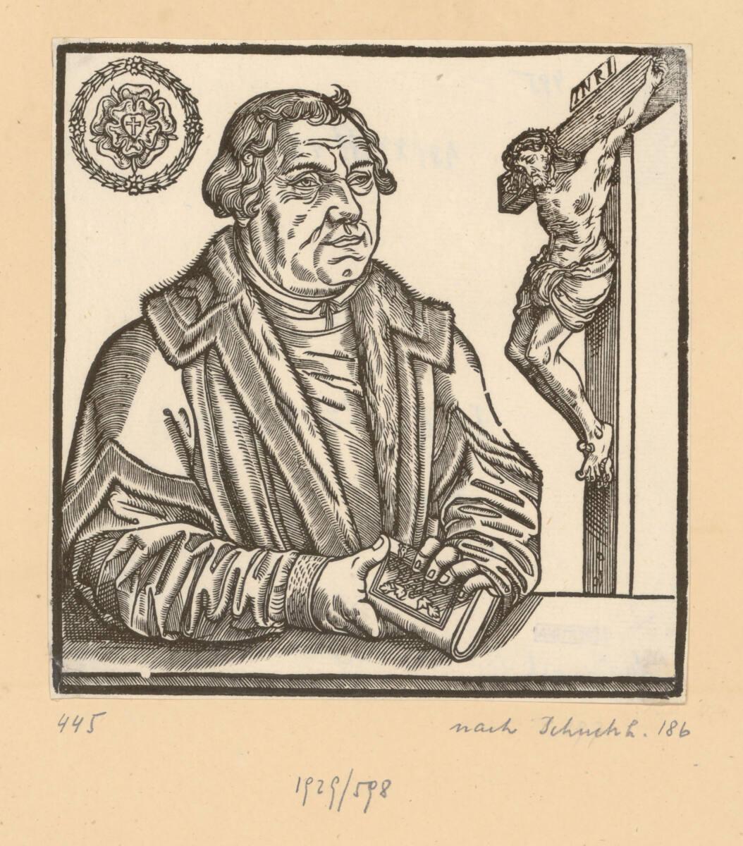 Lucas Cranach d. J., Martin Luther mit Buch, vor einem Kruzifix, Inv. Nr.: DG1929/598