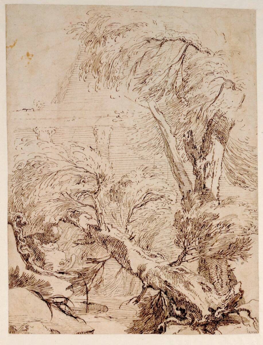 Waldlichtung mit Delphinbrunnen und Knabe, Paul Troger