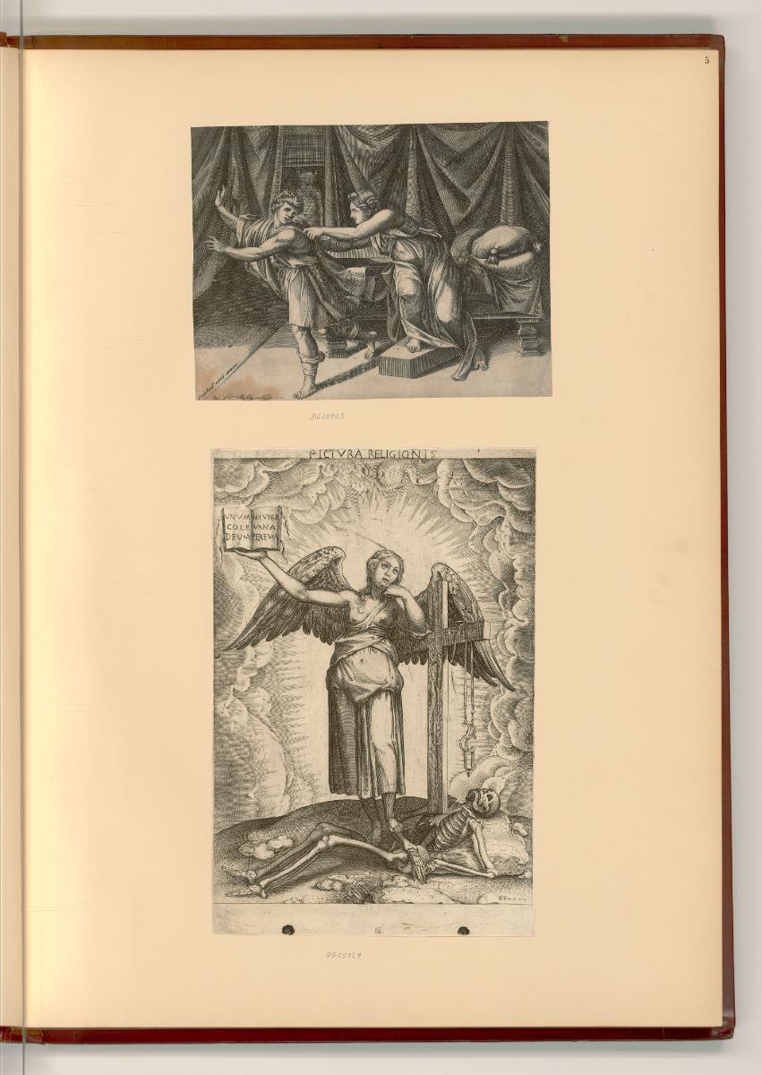 leere Titelkartusche, Joseph und die Frau des Potiphar; Die Religion besiegt den Tod (Allegoris…