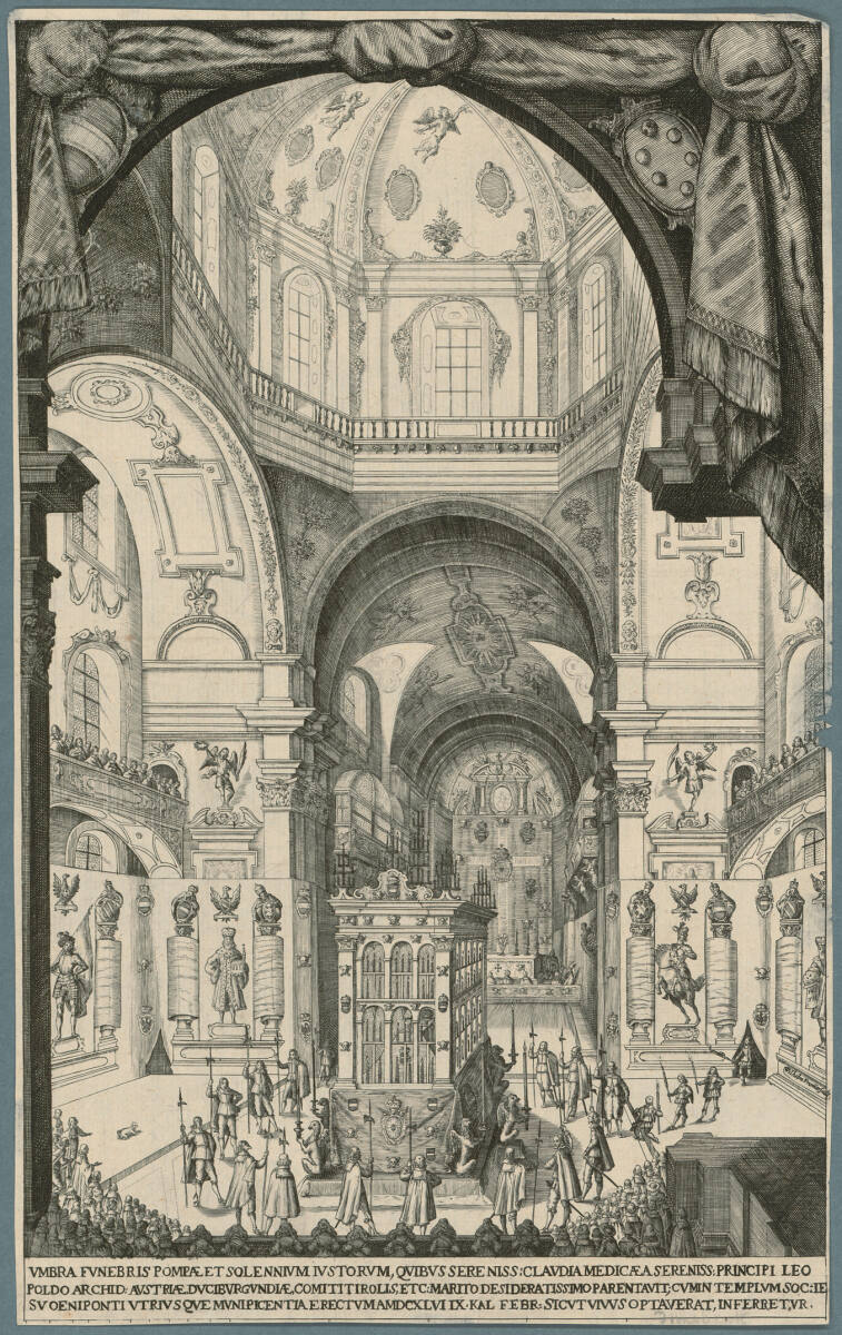 Trauergerüst für Erzherzog Leopold V. von Österreich-Tirol in der Innsbrucker Jesuitenkirche am 9. Februar 1646, Wilhelm Frommer, 1646