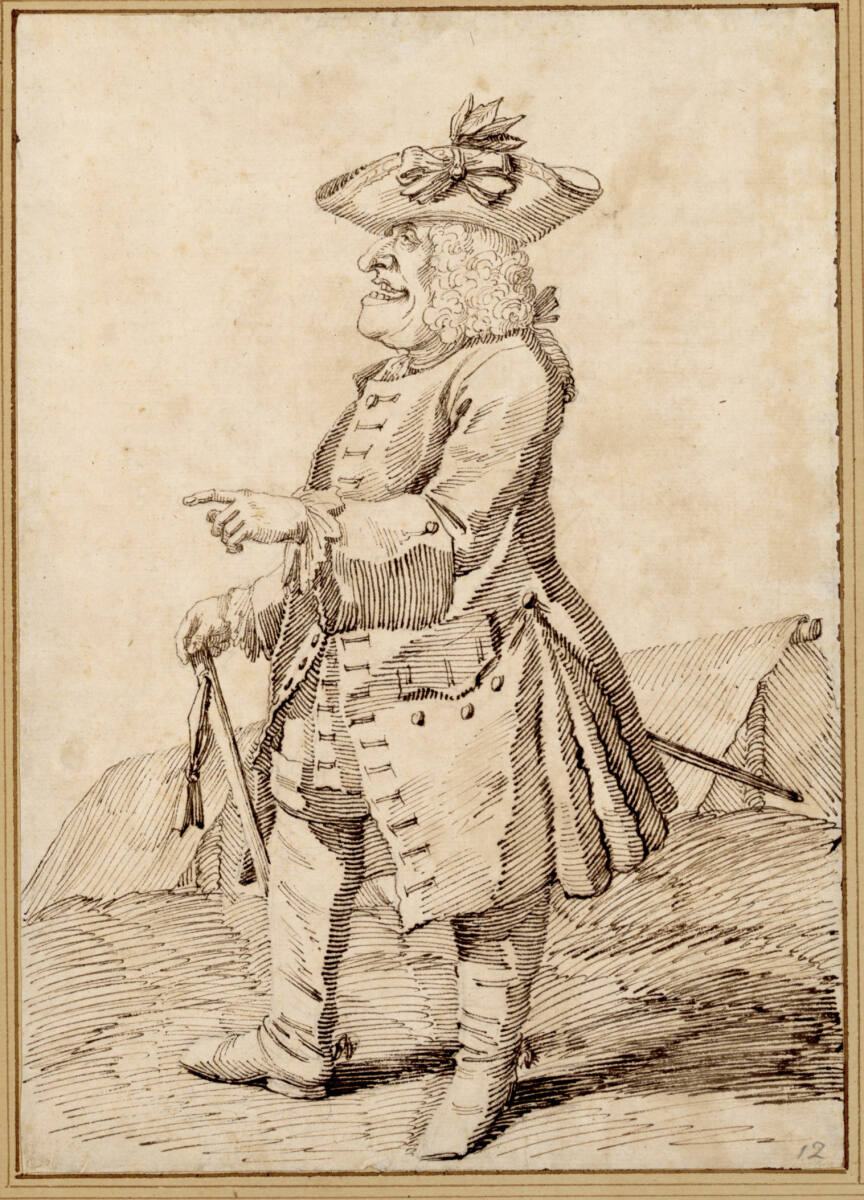 Geronimo Virardo, Offizier der Kavallerie des Papstes, nach links, vor einem Zeltlager, Pier Leone Ghezzi