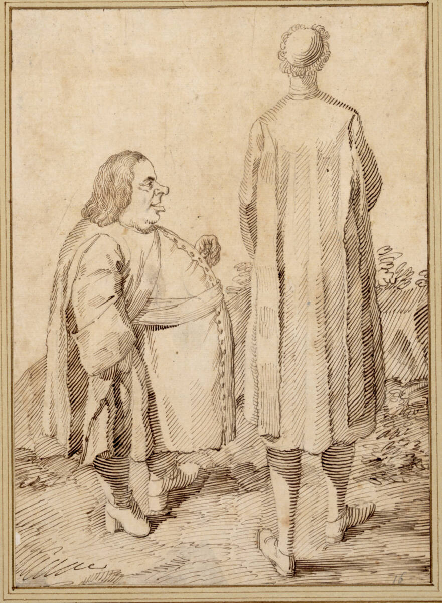 Monsignore Costanzi in Seitenansicht nach rechts mit dem Monsignore Tassoni in Rückenansicht, Pier Leone Ghezzi