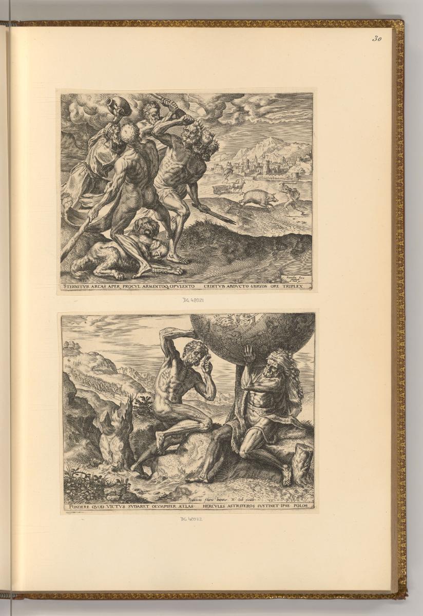 Cornelis Cort, Herkules erschlägt Geryon und Herkules fängt den Calydonischen Eber; Herkules tr…