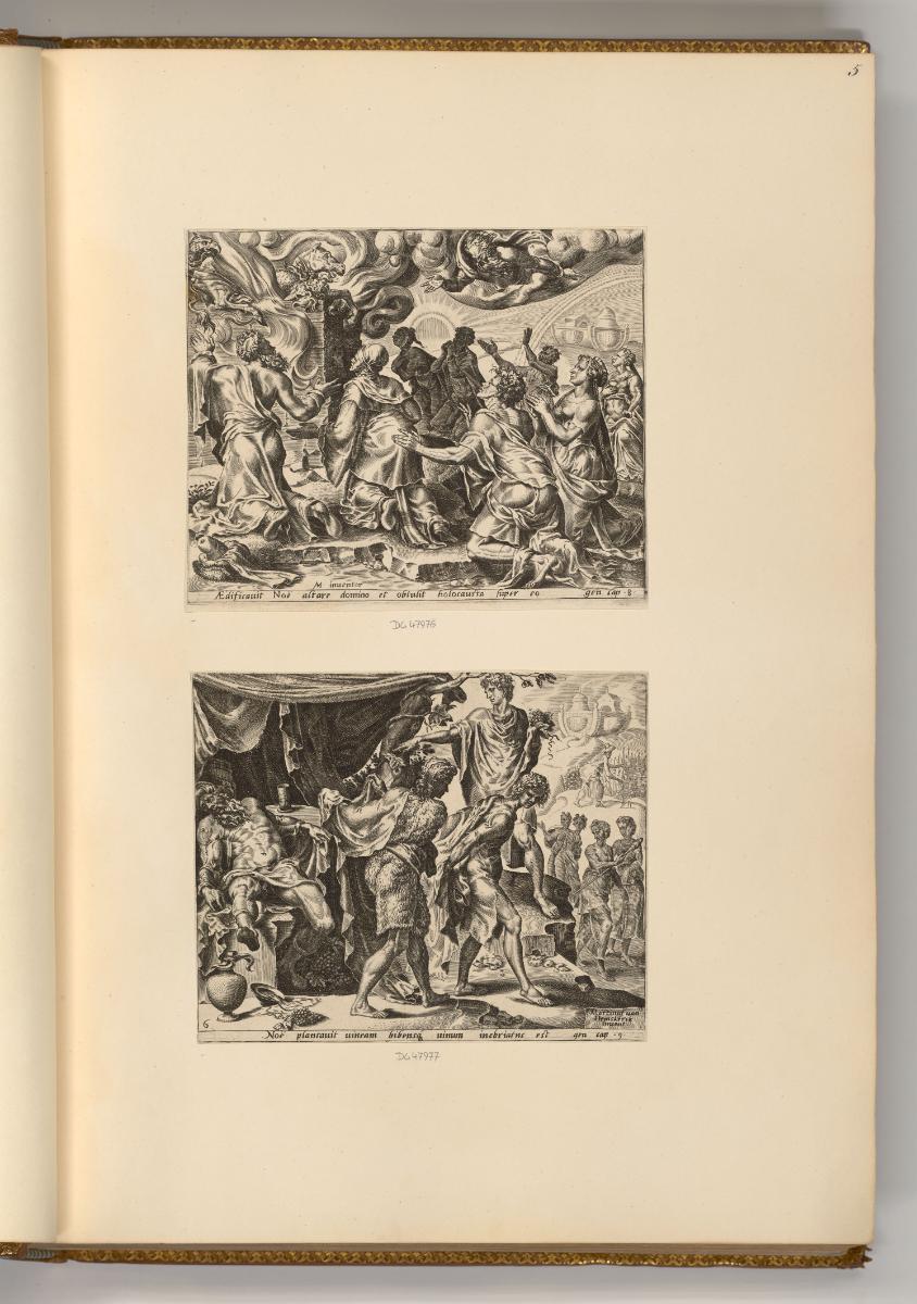 Cornelis Cort, Noahs Opfer; Die Söhne Noahs bedecken des Vaters Blöße, Inv. Nr.: Holland nach S…