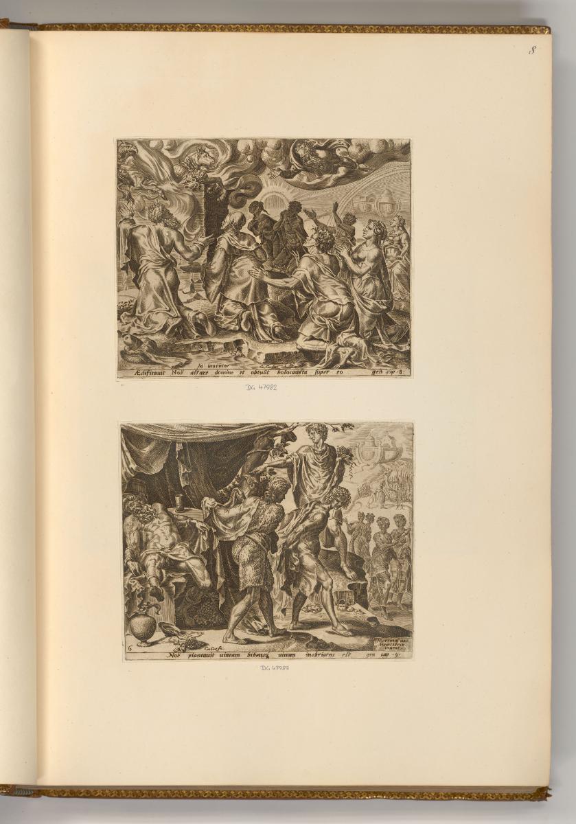 Cornelis Cort, Noahs Opfer; Die Söhne Noahs bedecken des Vaters Blöße, Inv. Nr.: Holland nach S…
