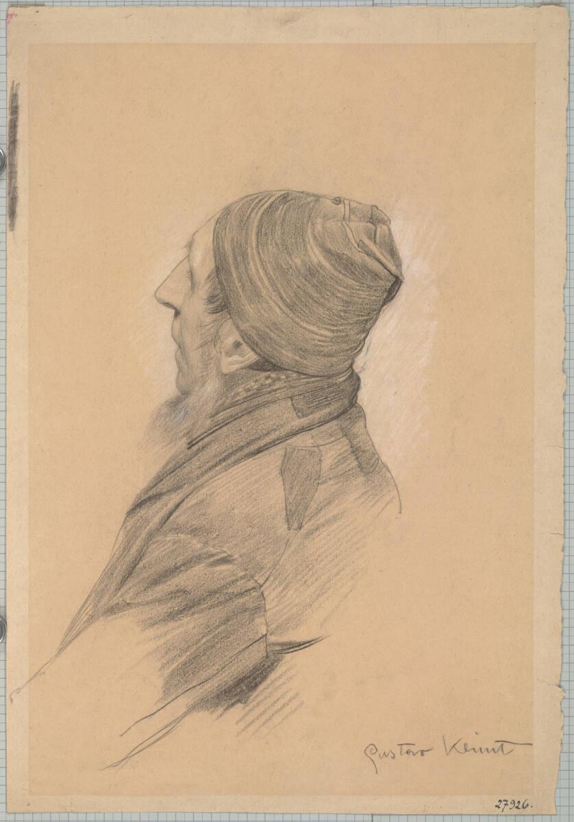 Mann mit Bart und Mütze im verlorenen Profil (Studie für "Shakesepeares Globe Theatre", Wiener Burgtheater), Gustav Klimt, 1886–1887