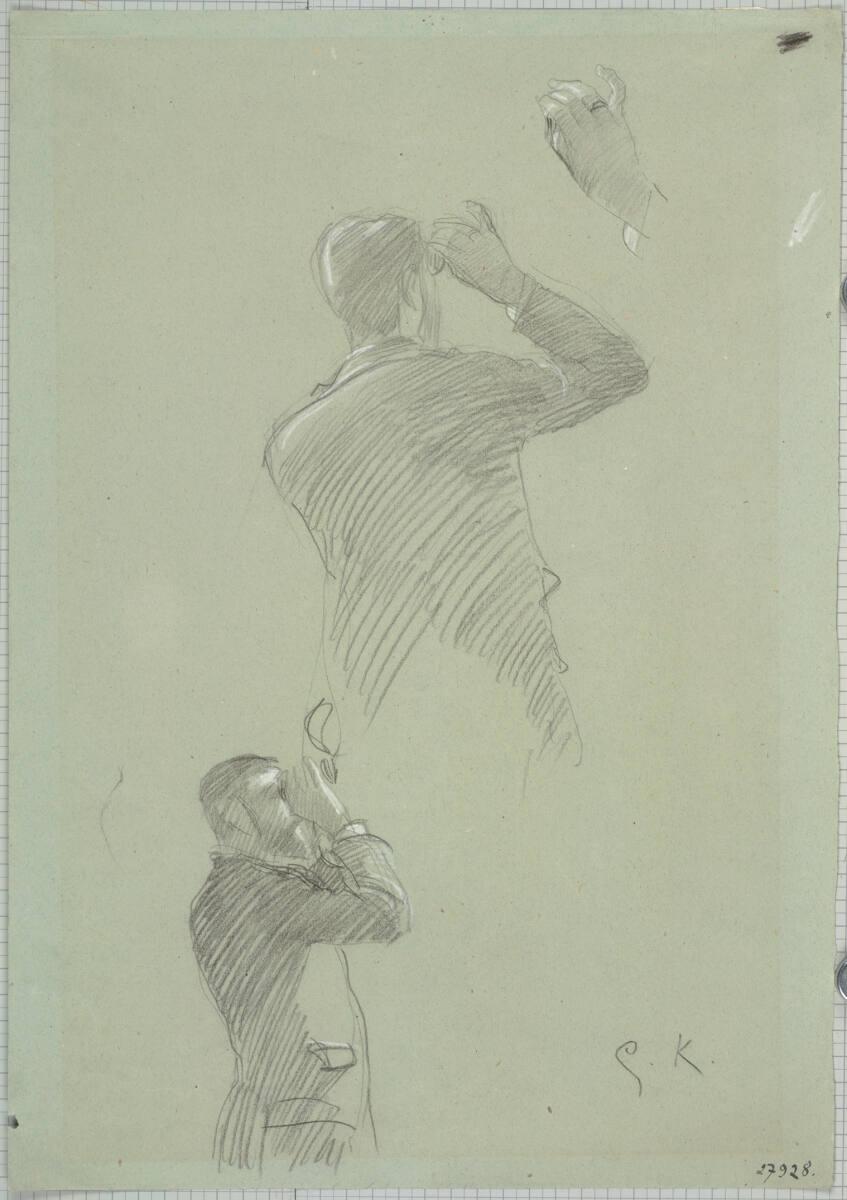 Skizzen eines Herrn mit Theaterglas und einer Hand (Studien für „Zuschauerraum im alten Burgtheater“), Gustav Klimt, 1888–1889