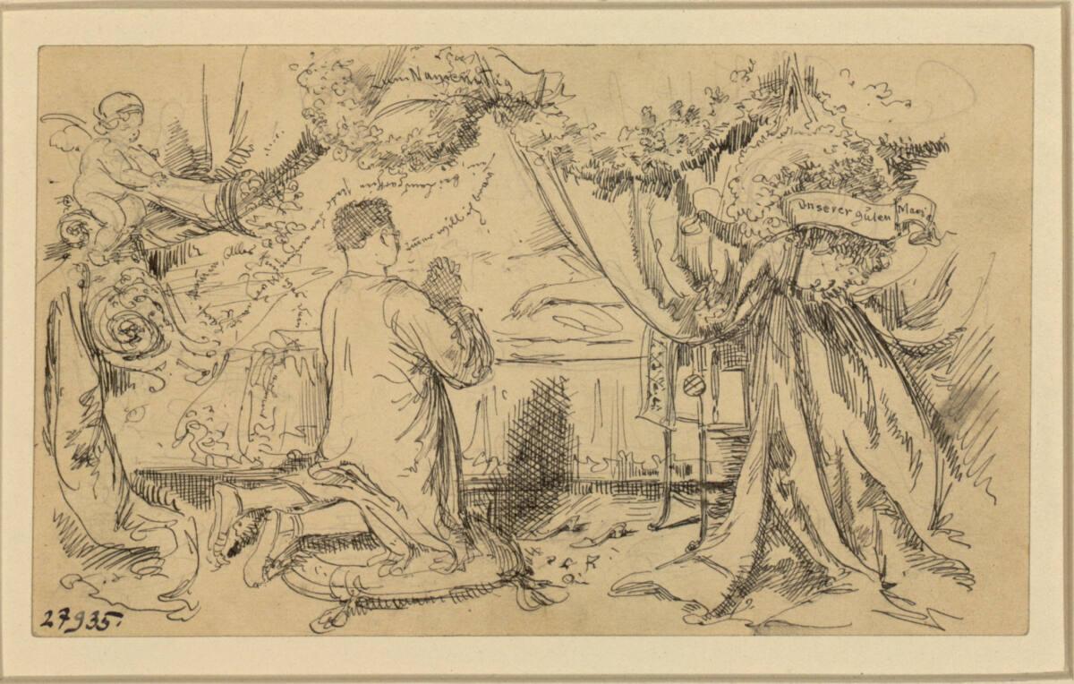 Ernst Juch, Scherzbild: Kniender vor einem Bett, Inv. Nr.: 27935