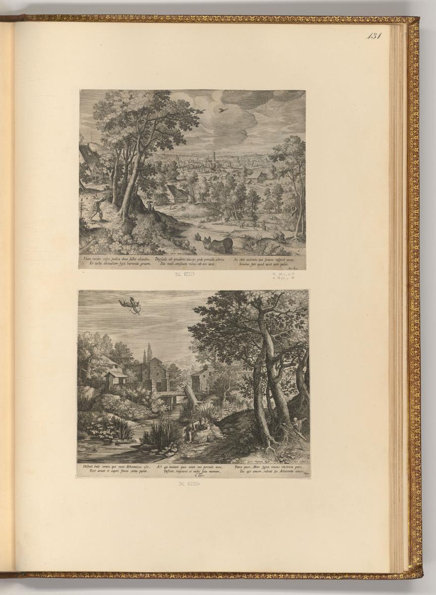 Jean Sadeler Vol. II, Landschaft mit Planwagen und Vogelfänger; Liebespaar in einer Landschaft …