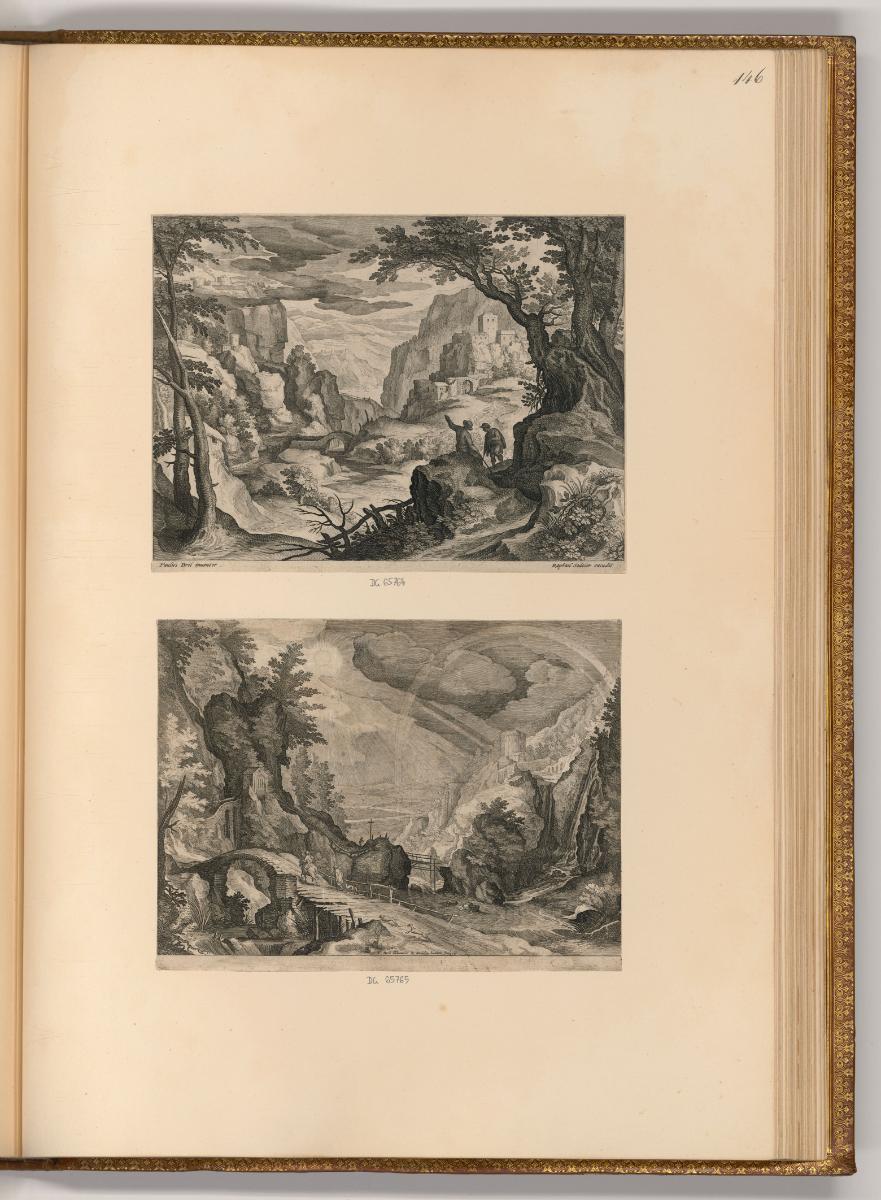Raphael Sadeler, Felsenlandschaft an einem Fluss; Landschaft an einem Wasserfall im Sonnenschei…