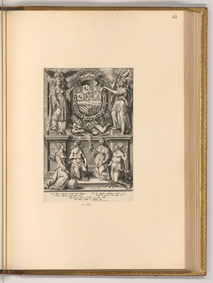 Adrienet Iean Collaert Vol. II, Wappen Philipps II. von Spanien, allegorisches Beiwerk, Inv. Nr…