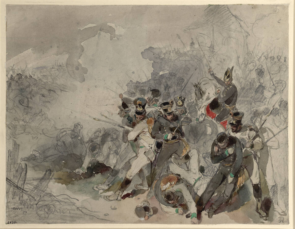 Schlachtenszene aus den Befreiungskriegen (Die österreichische Infanterie wehrt die feindliche Kavallerie ab), Carl Schindler