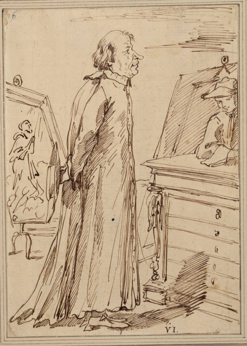 Der Schriftsteller und Amateurmaler Abate Taja vor einem Schubladenkasten stehend, ihm gegenüber ein junger Mann mit Hut, im Hintergrund Gemälde, Pier Leone Ghezzi