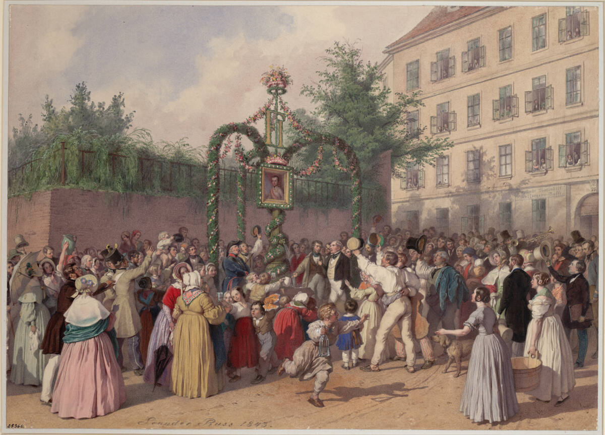 Volksfest in Mariahilf zur Eröffnung der Kaiser Ferdinand Wasserleitung (Guckkastenblatt), Leander Russ, 1843