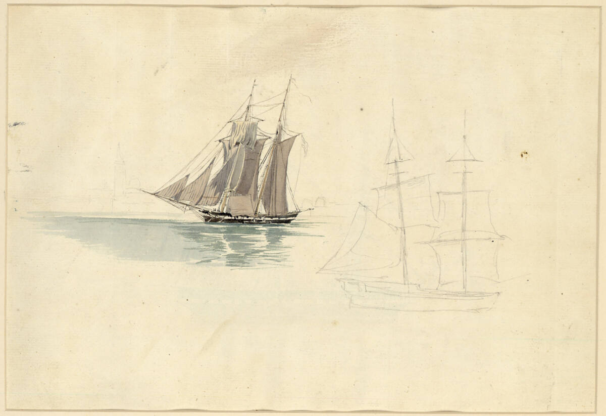Schoner mit vollen Segeln in Fahrt nach links; daneben: Brigg in Fahrt nach links, Rudolf von Alt, 1833