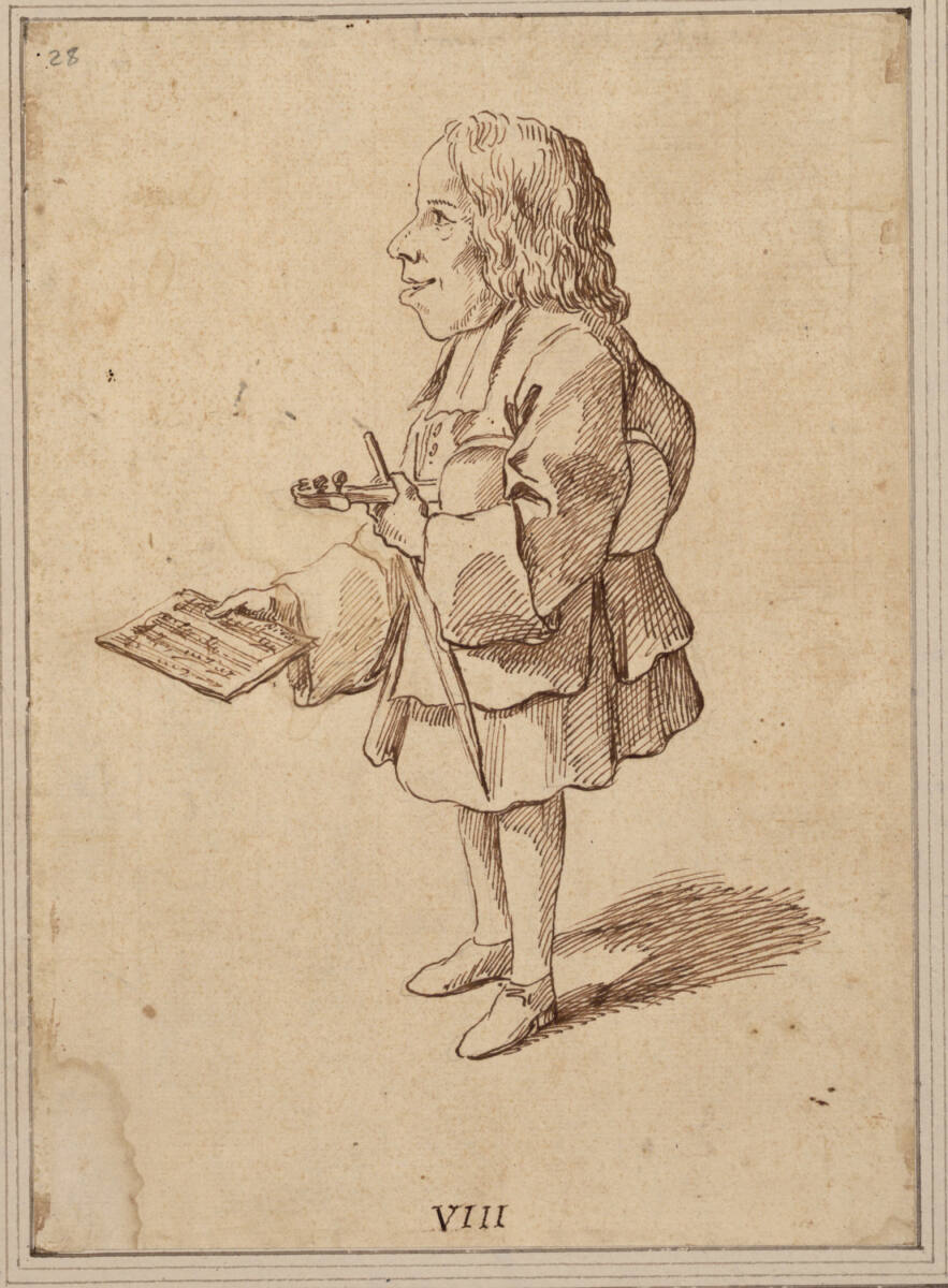 Der bucklige Geigenspieler Bernardino Bonati mit Violine und Notenblättern, Pier Leone Ghezzi