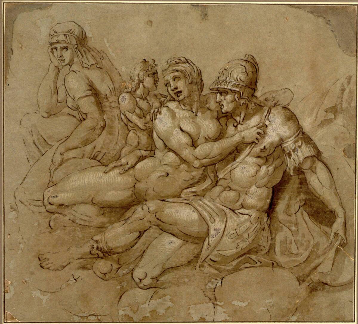 Anonym, Mars und Venus. Erotisches Symplegma auf Wolken; neben Venus weiter rückwärts steht Amor und sitzt eine weibliche Gestalt, die an die (tiburtinische ?) Sibylle Michelangelos der Sixtina erinnert