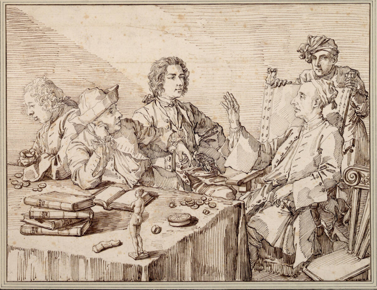 Baron Stosch, im Lehnstuhl sitzend und mit Ghezzi im Hintergrund, im Gespräch, Pier Leone Ghezzi