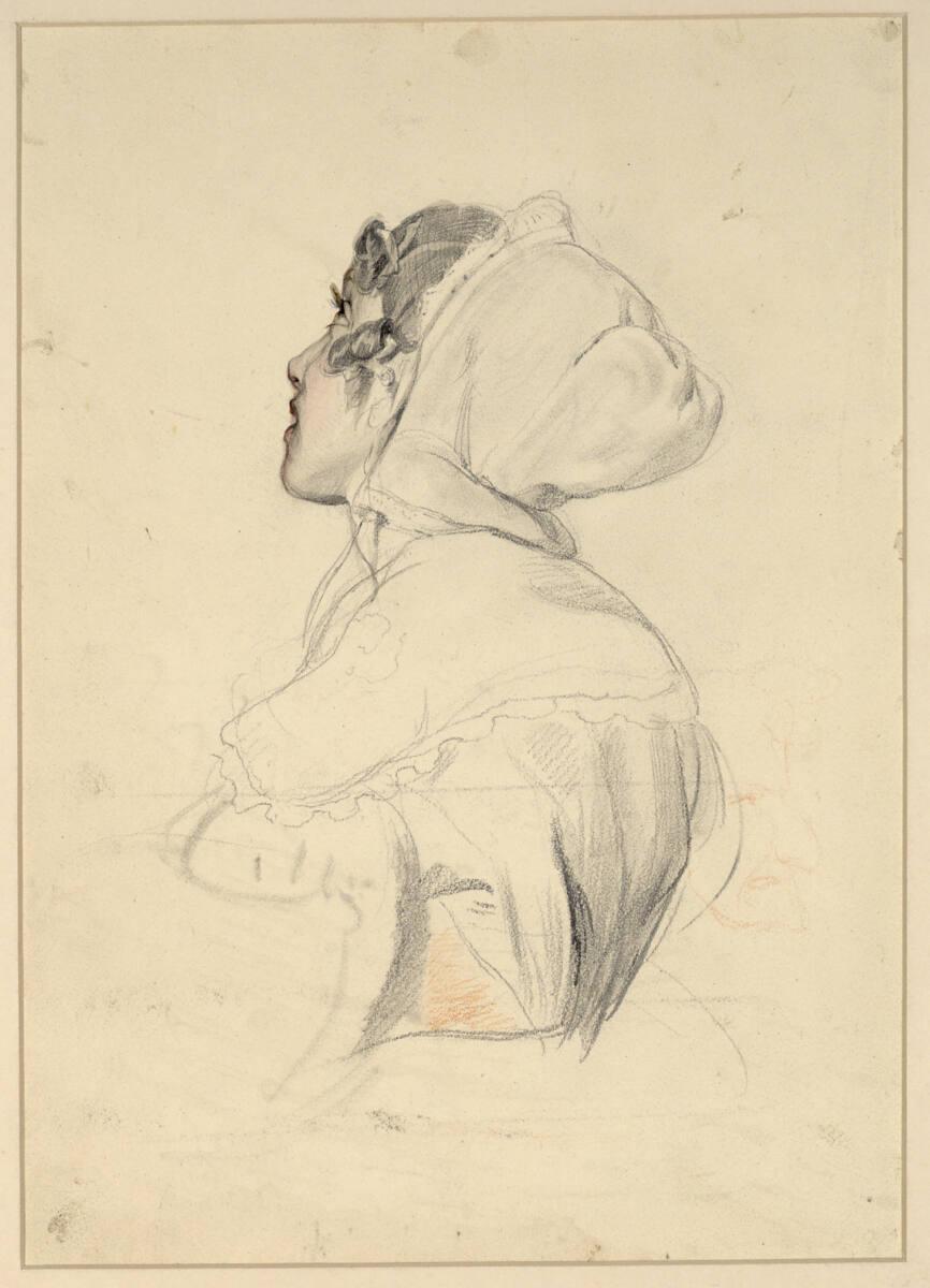 Josef Danhauser, Studie eines Mädchens mit Haube zu "Der Augenarzt", Inv. Nr.: 28511