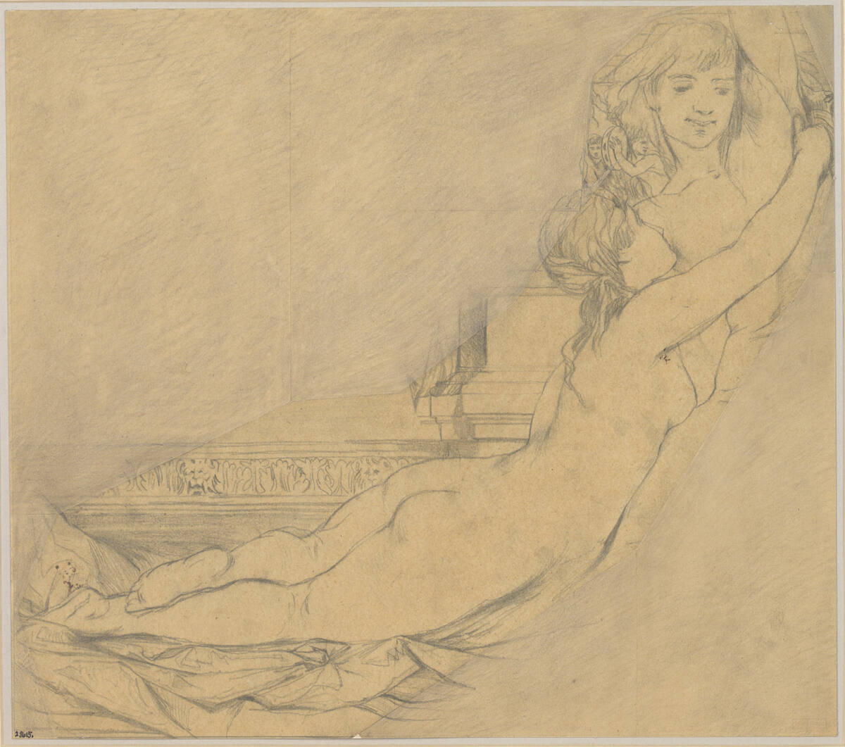 Weibliche Aktfigur. (Vorzeichnung für die Figur des dritten Gemäldes von "Pest in Florenz" und für das obere Rahmenbild des Entwurfs zum Vorhang des Wiener Stadttheaters), Hans Makart