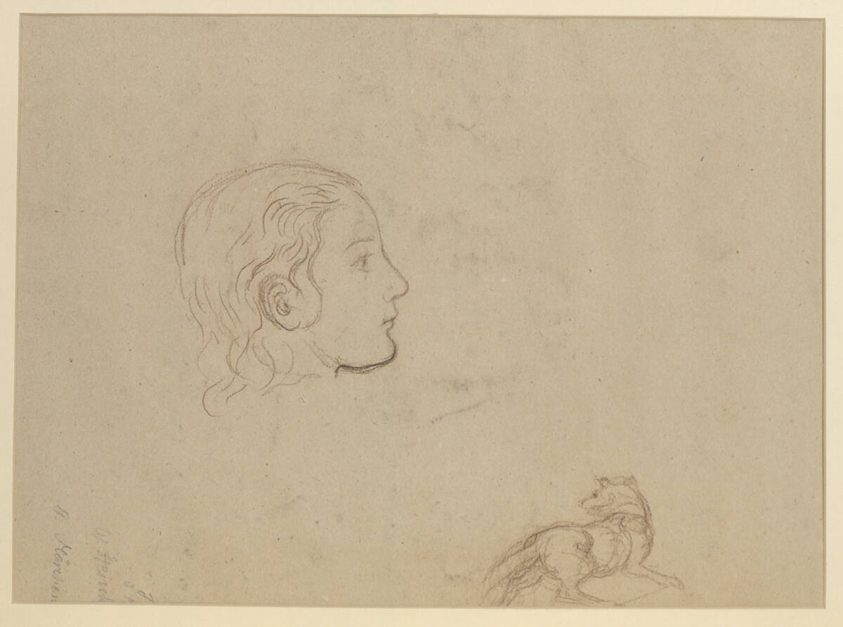 um 90° nach rechts gedreht: Mädchenkopf im Profil nach rechts; laufender Wolf, Wilhelm August Theodor Steinhausen, 19th century