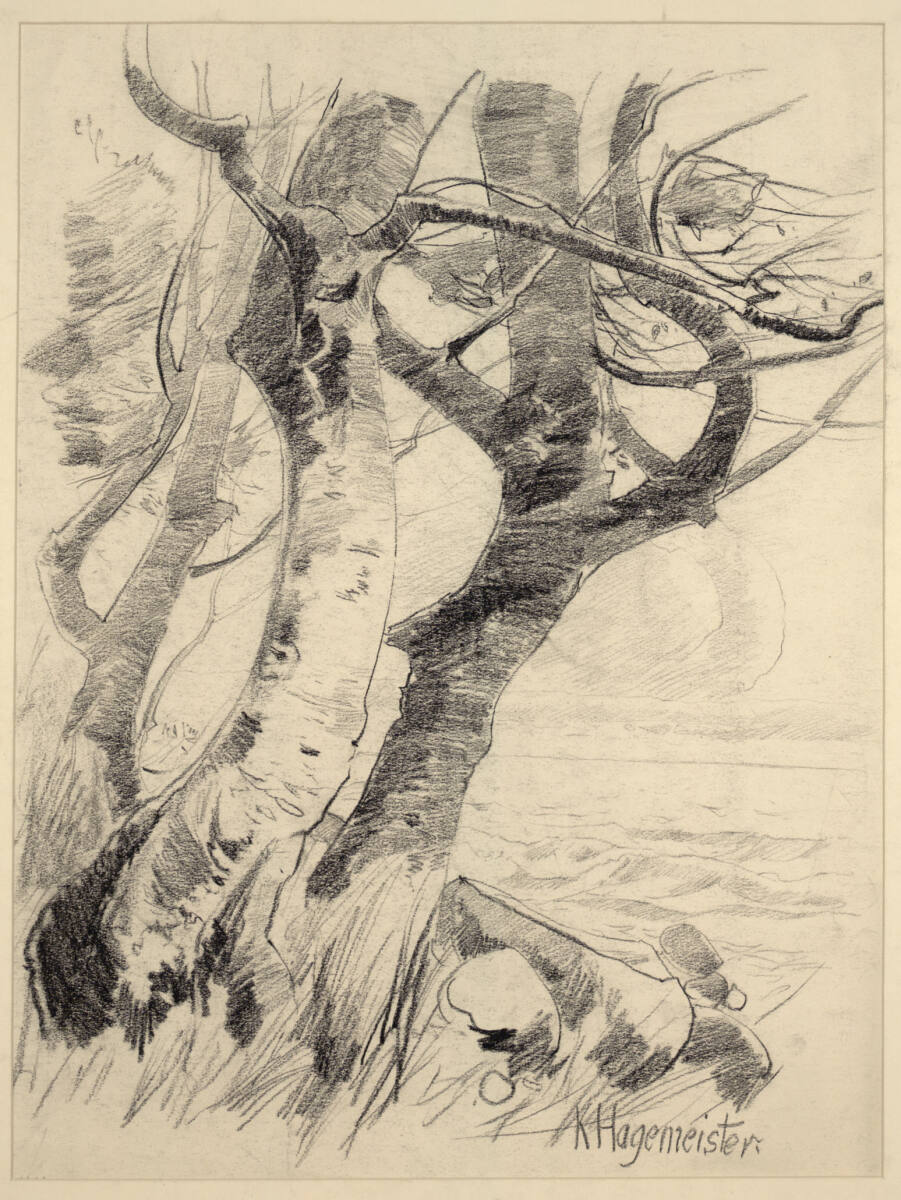 Gruppe von kahlen Baumstämmen am Ufer, Karl Hagemeister, 19th century