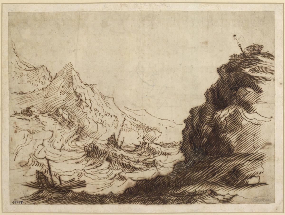 Matthieu van Plattenberg,  gen. Platte Montagne, Stürmische See mit einer Galeere vor Felsklipp…
