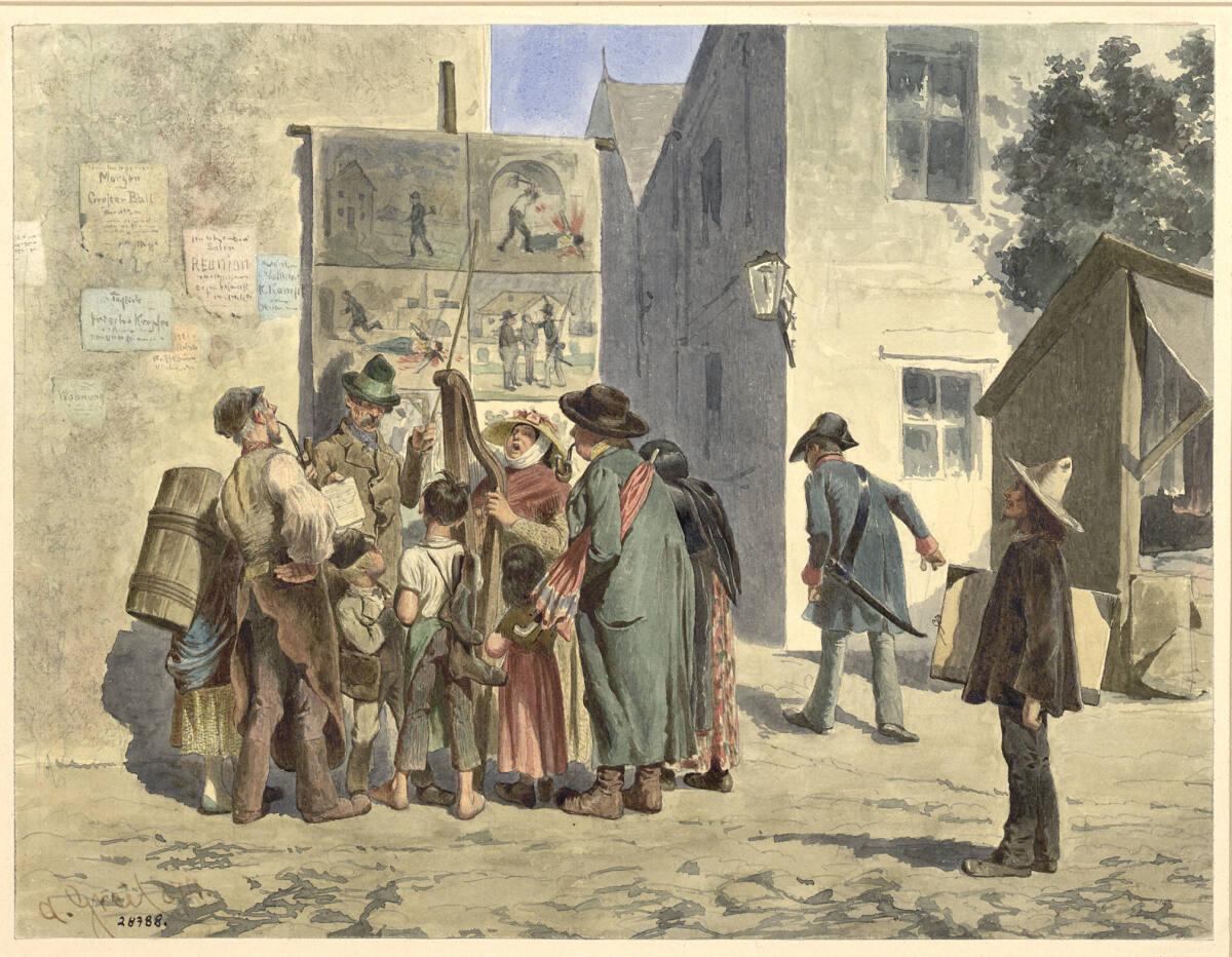 Mordsgeschichte; Marktschreier mit Bilderbogen, Alois Greil, 1874