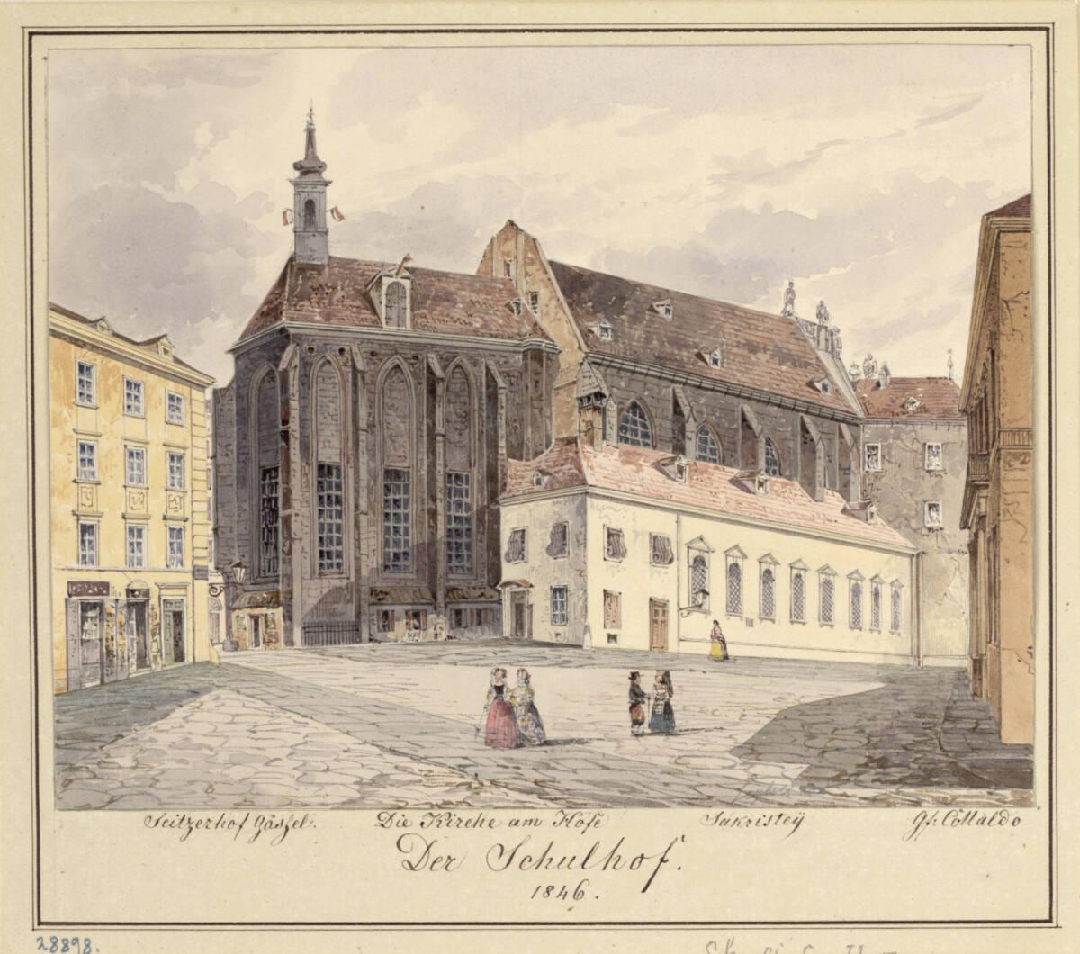 Moritz Leybold, Der Schulhof mit der Kirche am Hof, Inv. Nr.: 28898